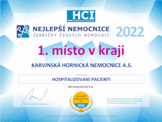 ocenění 1. místo - Moravskoslezký kraj - hospitalizovaní pacienti