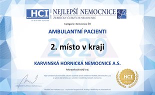 Diplom za 2. místo v krajského hodnocení Nemocnice ČR 2020
