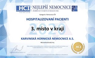 Diplom za 3. místo v krajského hodnocení Nemocnice ČR 2020
